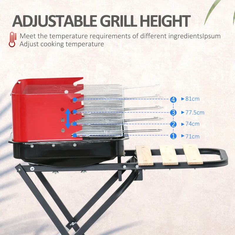Portable Charcoal BBQ Grill with Windshield and Side Trays, Black/Red