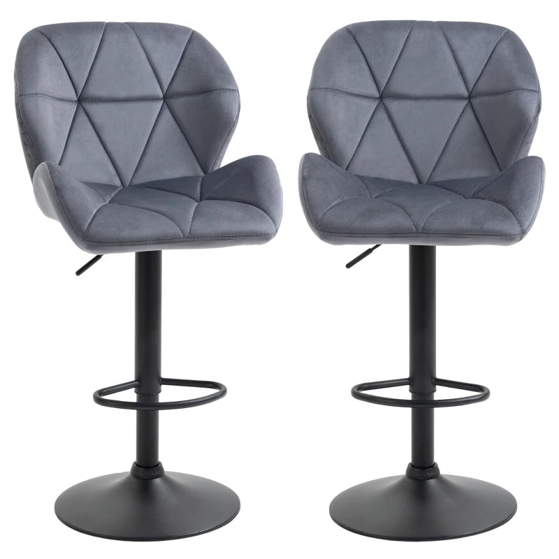 Adjustable Bar Stools Set of 2 - Armless Upholstered Swivel Counter Chairs with Back & Footrest in Dark Grey