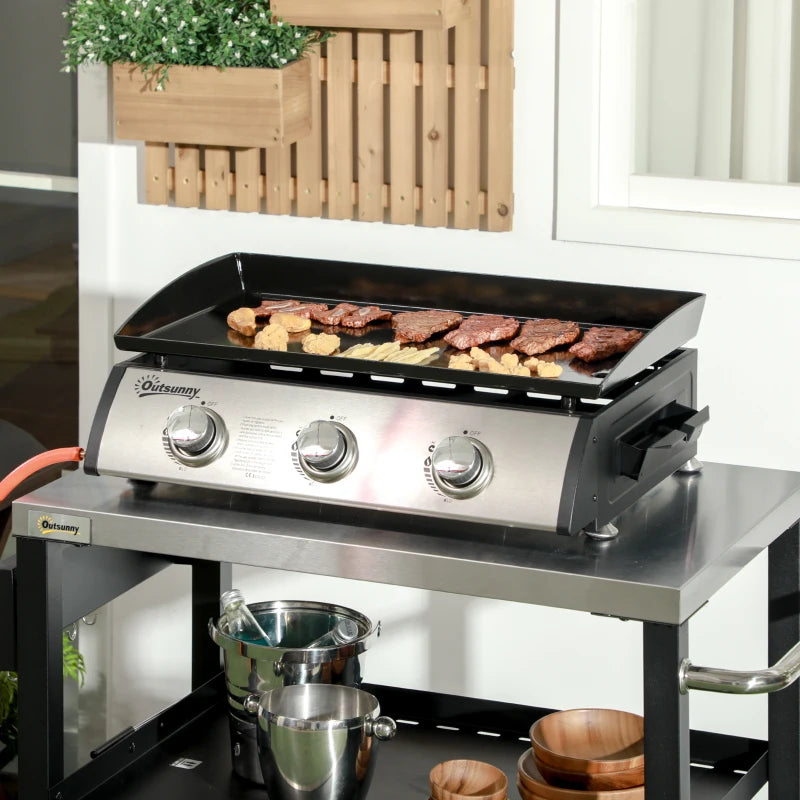 Black 3-Burner Gas Plancha BBQ Grill with Lid