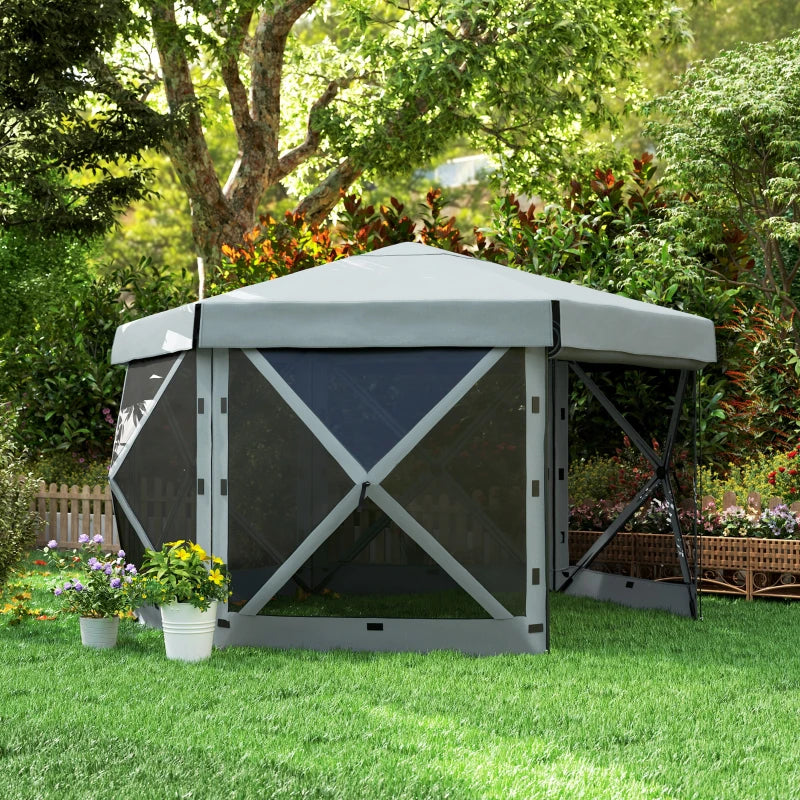 3x3m Hexagon Pop Up Gazebo - Waterproof, UV Resistant Party Tent with Netting - Light Grey Instant Event Shelter with Carry Bag