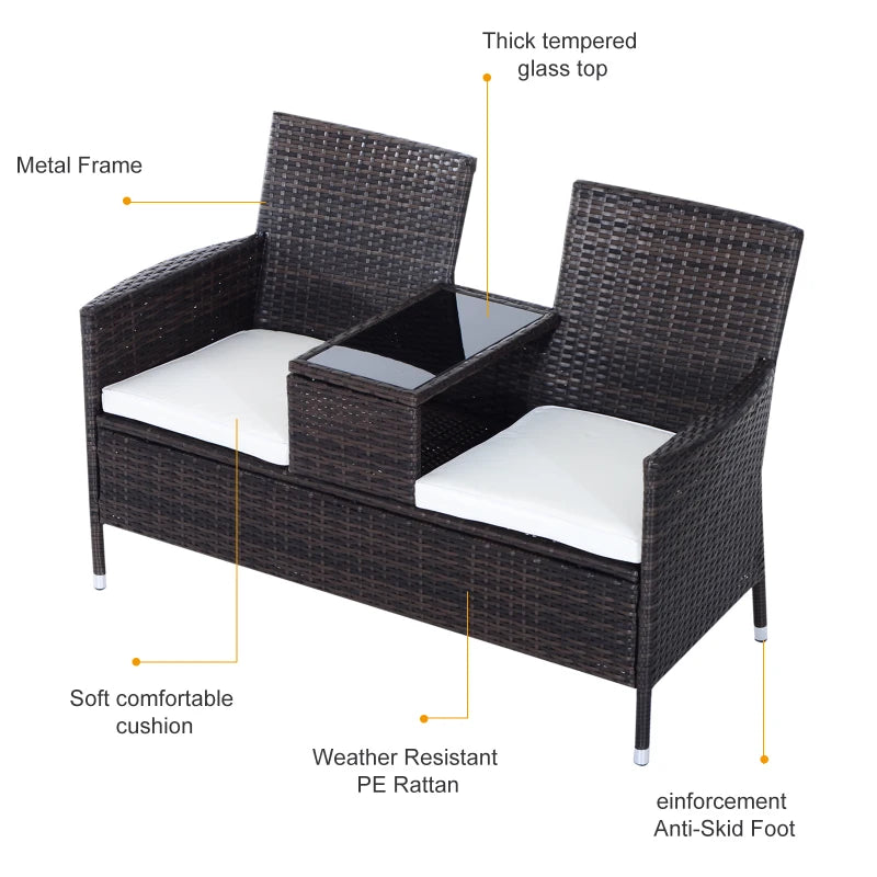 Brown Rattan 2-Seater Chair Set with Middle Tea Table