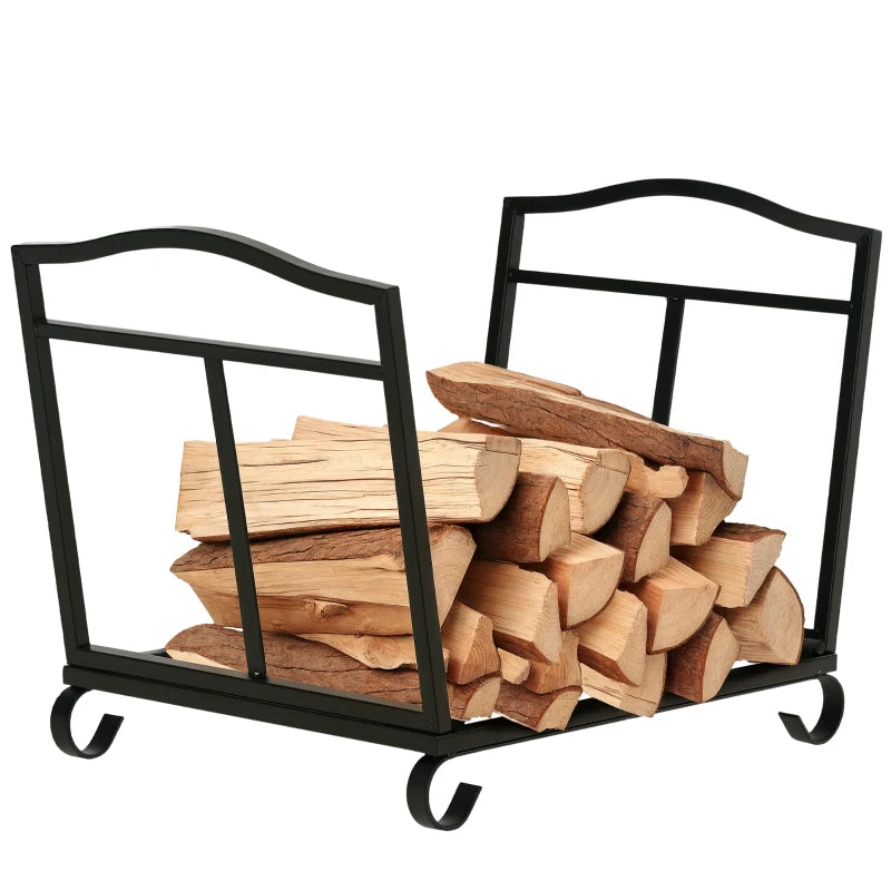 Metal Firewood Log Holder Rack - Indoor Outdoor Folding Fireplace Wood Storage Shelf, Rust-Resistant, Black, 48x34x37cm