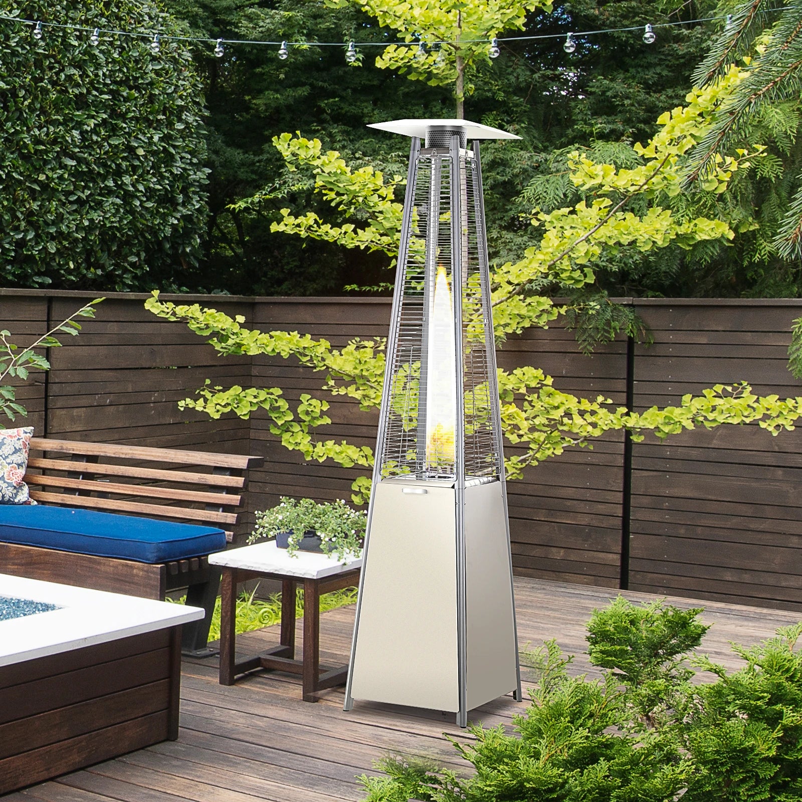 Stainless Steel Outdoor Garden Pyramid Patio Heater with Wheels and Rain Cover - Silver