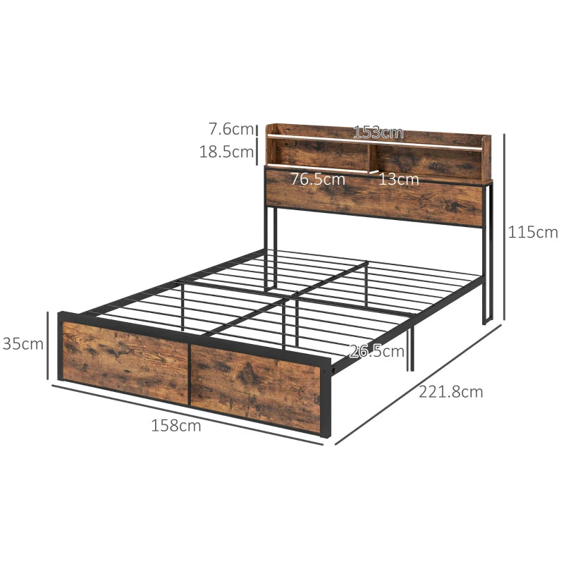 Industrial King Bed Frame with Storage Headboard & Footboard, 5.2FT Steel Base, Slatted Support, Rustic Brown, 158x222cm