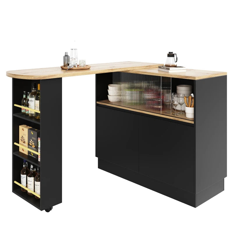 360° Swiveling Black Dining Bar Cabinet with Sliding Glass Doors & Open Shelves - Rotating Table, 90L x 120W x 100H cm