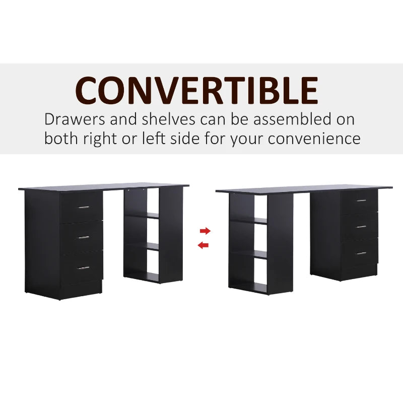 Modern Black Computer Desk with 3 Storage Shelves & Drawers, Stylish Writing Table for Home Office, Silver Handle Workstation