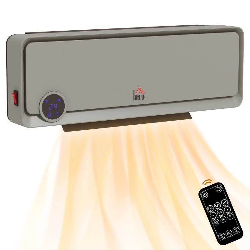 Electric Wall Downflow Heater 2000W with Timer and Remote Control Oscillating Fan for Bedroom and Home Office Grey