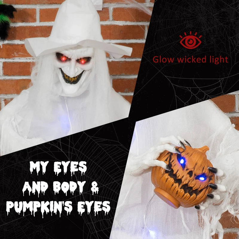 74" Halloween Decorations - Life Size White Witch Holding Pumpkin Head & Skeleton Ghost Prop with Light Up Eyes