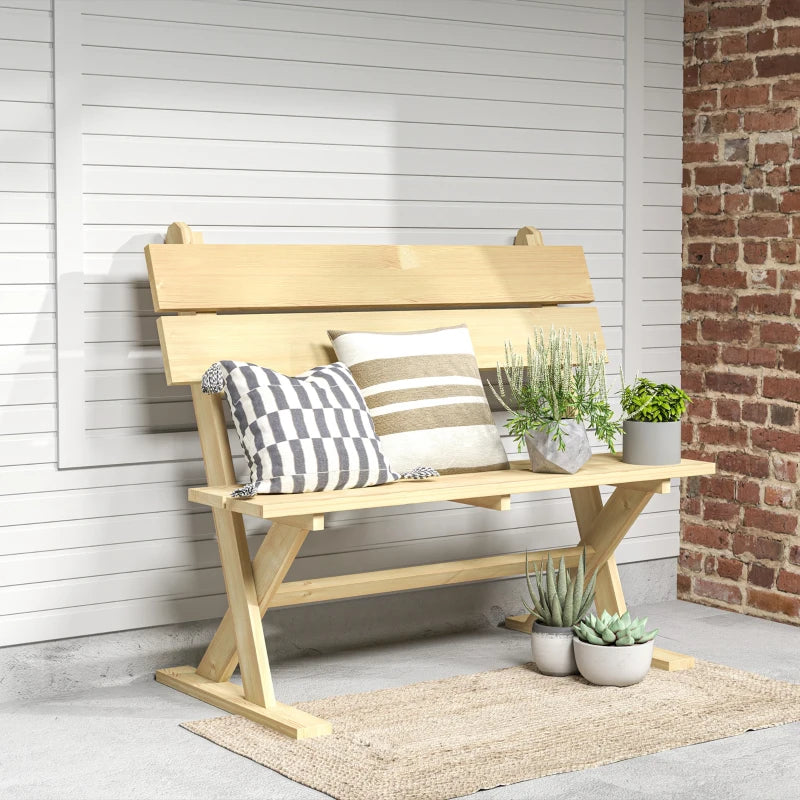 2 Seater Wooden Garden Bench - Natural Fir Wood Outdoor Loveseat with Slatted Seat, Sloping Back, and Wide Feet for Patio and Park