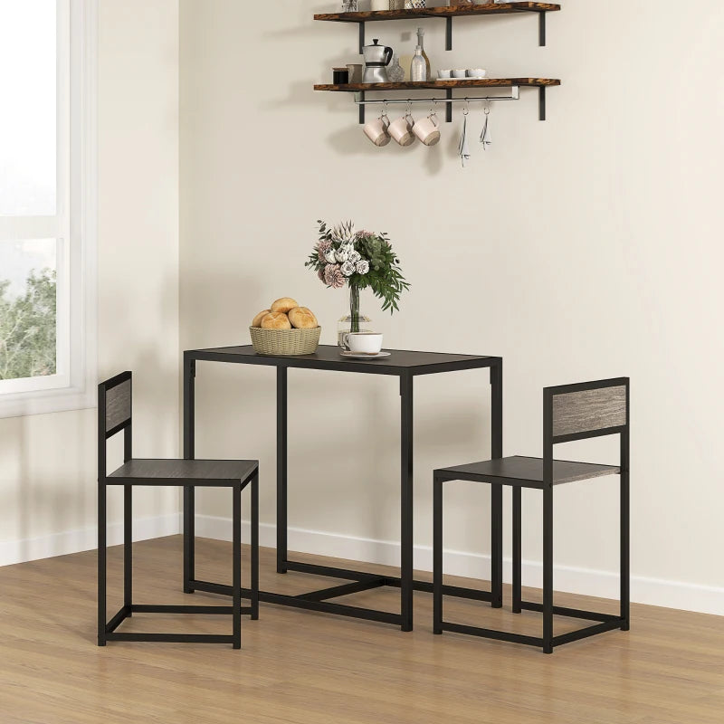 Compact Dining Table and Chairs Set for Small Spaces - Rectangular Steel Frame with Grey Wood-Effect Finish - 2-Piece Dining Room Set