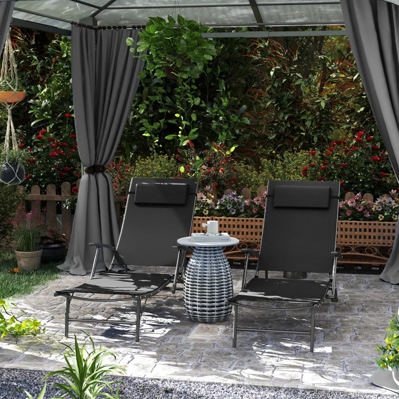 Set of 2 Adjustable Folding Sun Loungers - Black Outdoor Chaise Lounge Chairs with Armrests and Pillows, 4 Positions, Steel Frame for Garden, Patio, Beach and Poolside