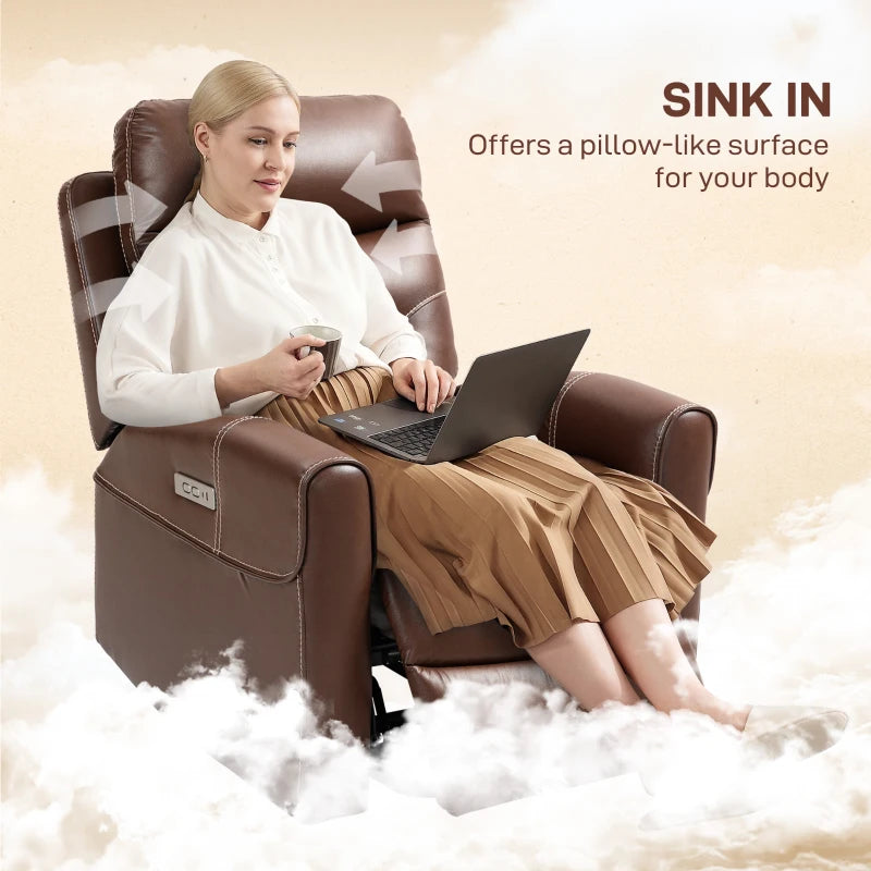 Overstuffed Faux Leather Power Lift Recliner Chair for Elderly with USB Ports and Remote Control, Brown