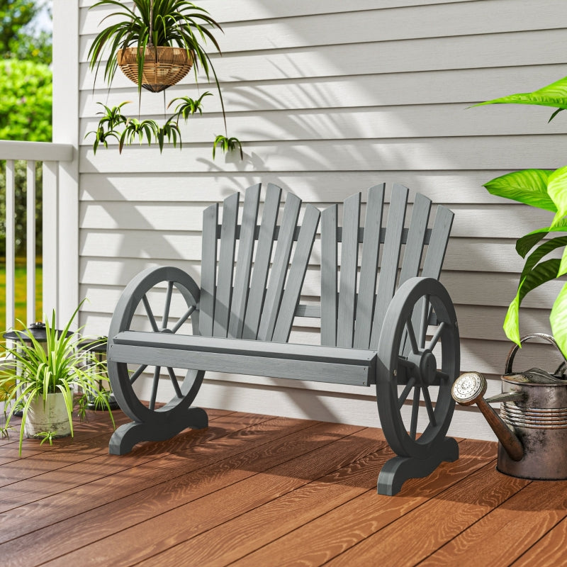 Grey Fir Wood Love Seat with Wheel-Shaped Armrests