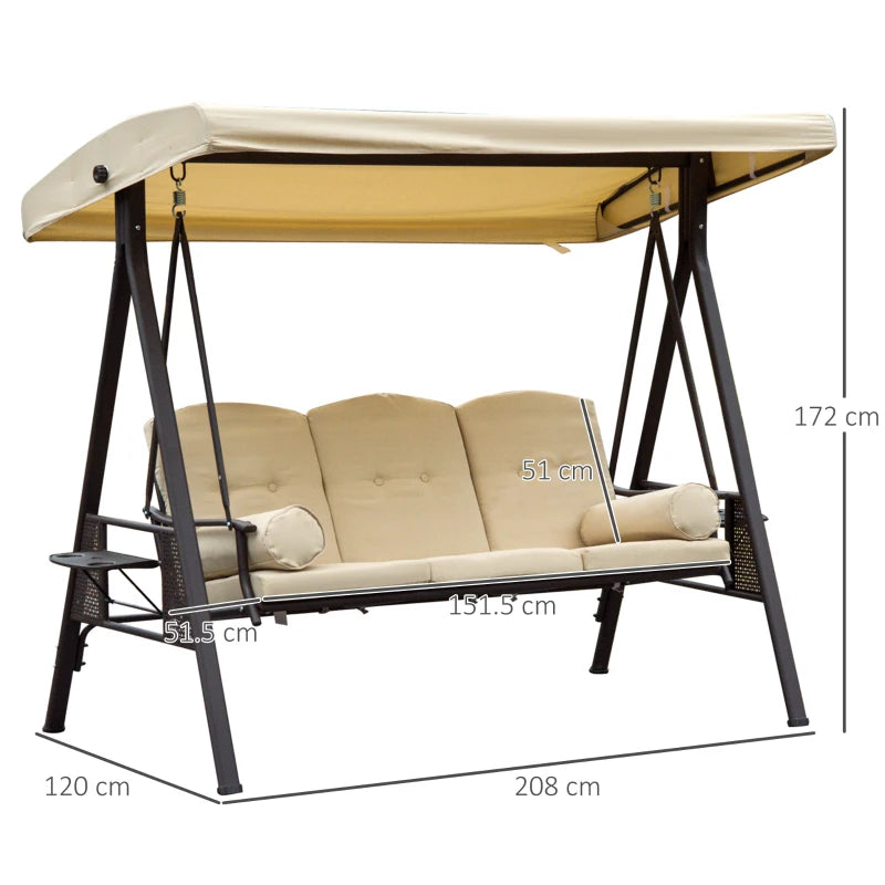 Beige 3-Seater Swing Hammock Chair with Canopy and Cushion