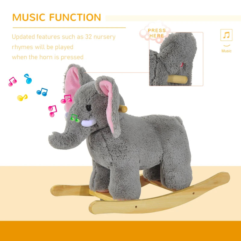 Kids Grey Elephant Rocking Horse Plush Ride-On Animal - Traditional Wooden Rocker with 32 Nursery Rhymes - Perfect Gift!