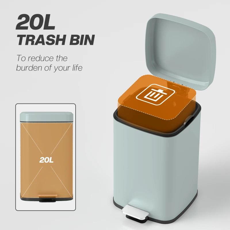 20L Modern Boxy Metal Kitchen Bin - Stylish Light Green Trash Can for Home Organization & Waste Management