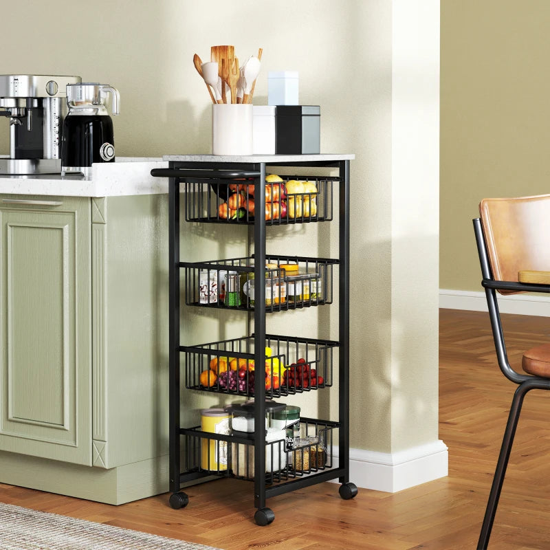 Stylish Grey/Black Four Basket Mobile Kitchen Island with Brakes - Perfect for Storage and Space-Saving Solutions