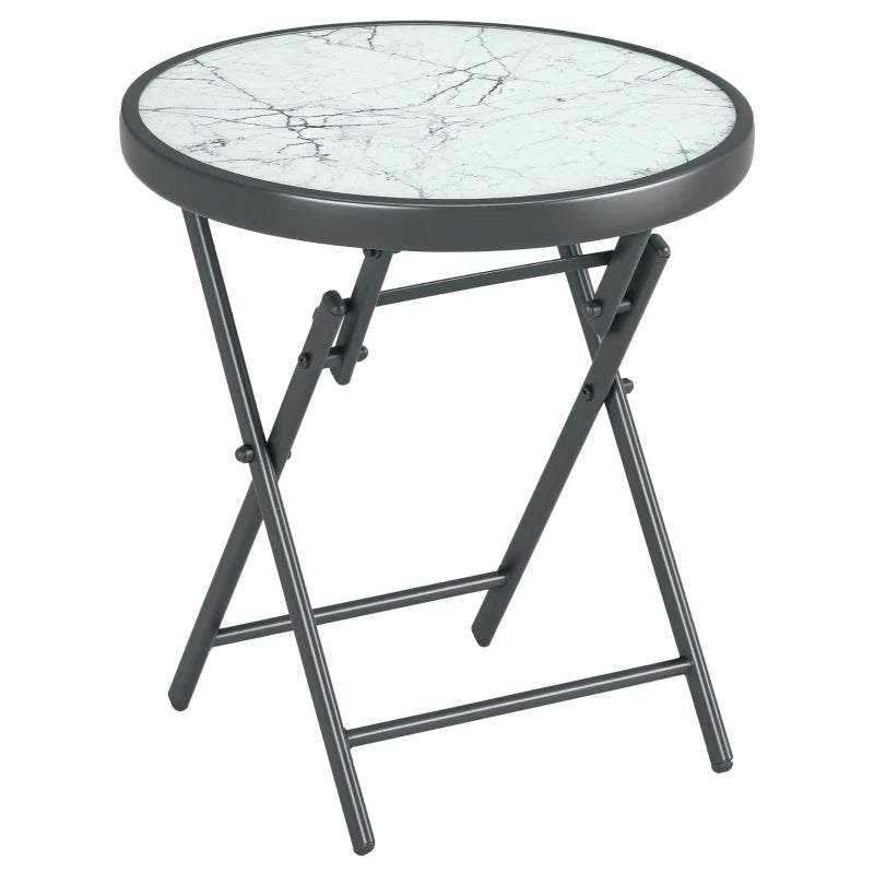 45cm Round Folding Garden Side Table - Outdoor Patio Coffee Table with Imitation Marble Glass Top - White