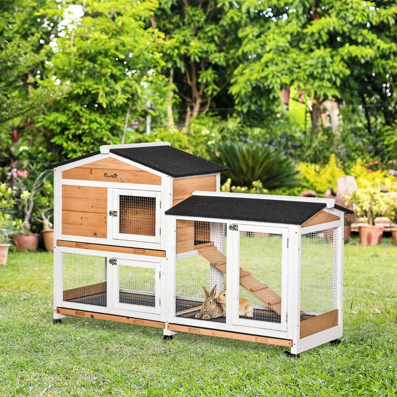 Outdoor Rabbit Hutch with Run - 2-Tier Guinea Pig Cage on Wheels, No-Leak Tray, 157.4x53x99.5 cm - Yellow