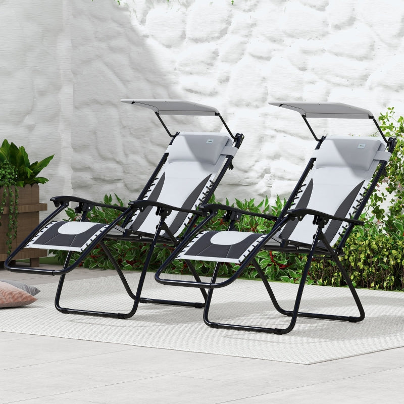 Zero Gravity Lounger Chair Set of 2 - Folding Reclining Patio Chairs with Shade Cover, Padded Seat, Cup Holder, Soft Cushion and Headrest - Light Grey