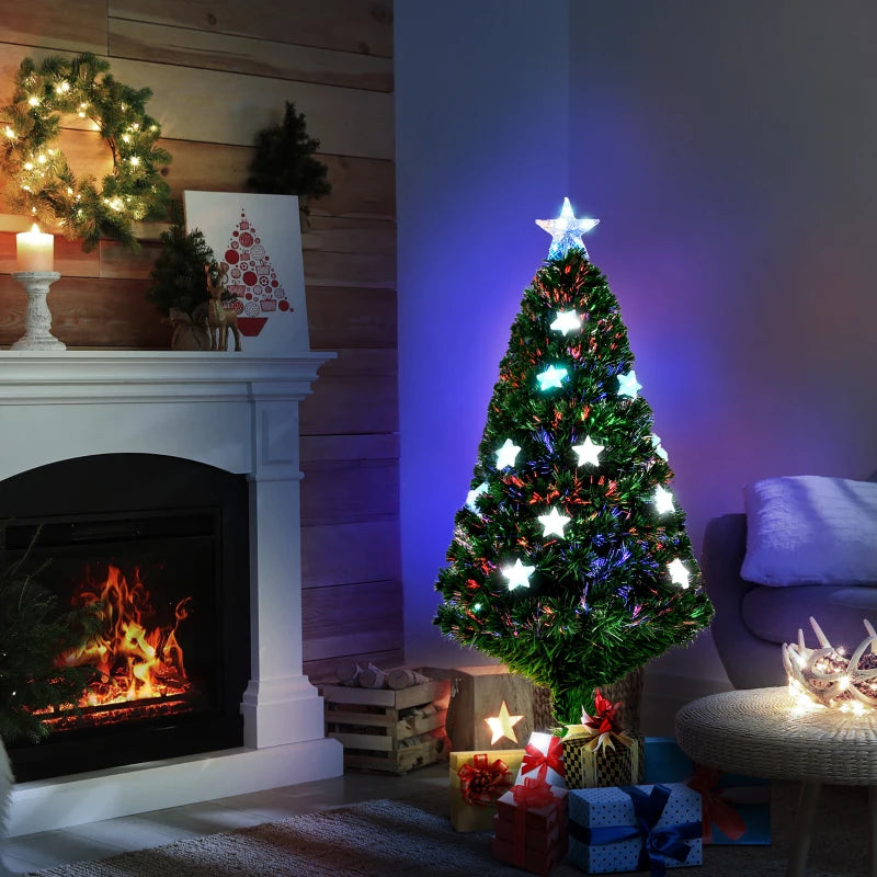 4FT Prelit Artificial Christmas Tree with Fibre Optic Star & LED Lights - Indoor Holiday Decoration for Parties - Green