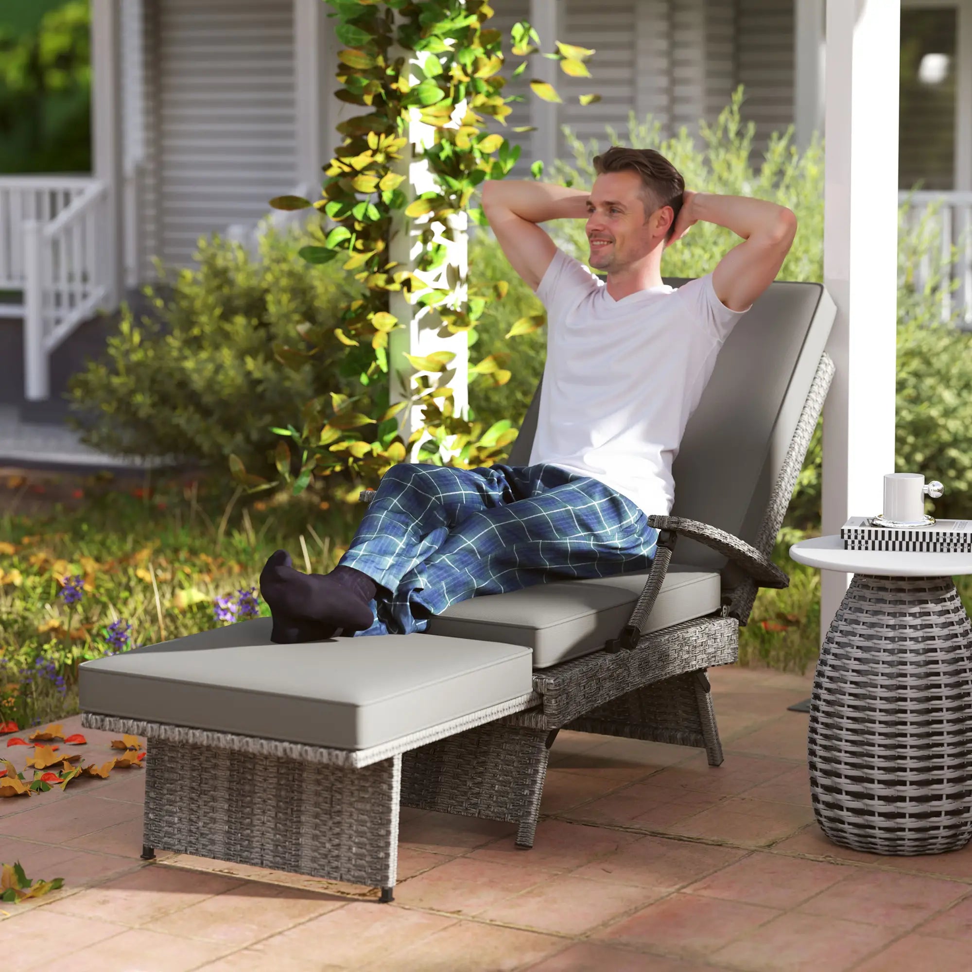 80° Reclining Rattan Lounger With Padded Cushions - Grey