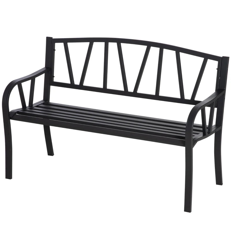 Metal Garden Loveseat Bench - 2-Seater, Decorative Backrest, Ergonomic Armrest - Black