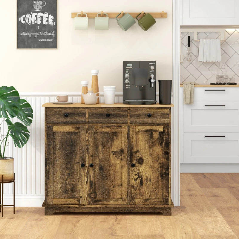 Rustic Brown Sideboard with Rubberwood Top & Adjustable Shelves - Perfect for Dining Room & Kitchen Storage