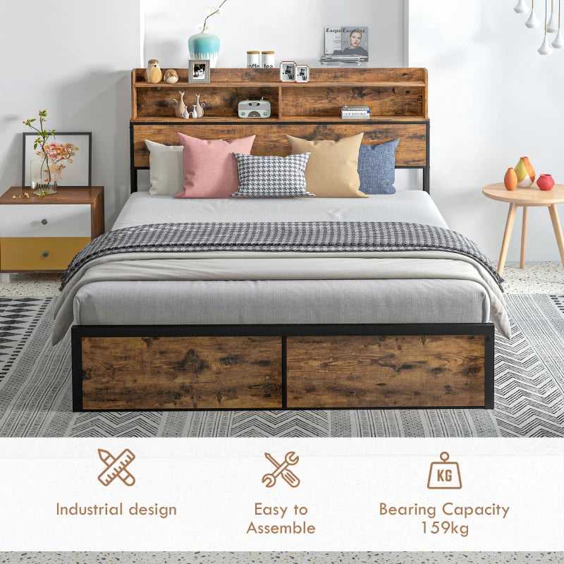 Industrial King Bed Frame with Storage Headboard & Footboard, 5.2FT Steel Base, Slatted Support, Rustic Brown, 158x222cm