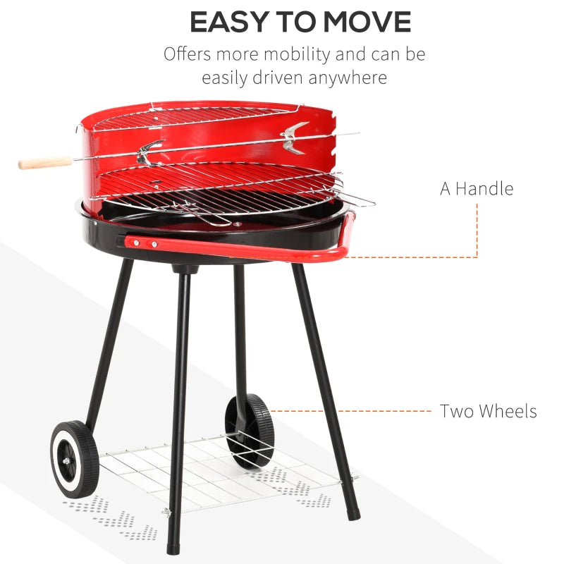 Portable Charcoal BBQ Grill with Wheels - Red/Black, 75.5 x 50 x 82 cm