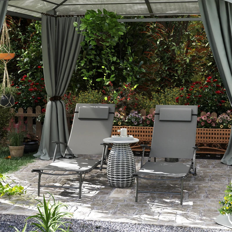 Set of 2 Grey Folding Sun Loungers - Adjustable 4 Position Outdoor Chaise Lounge Chairs with Armrests and Pillows - Steel Frame Sunbed Recliners for Garden, Patio, Beach and Poolside