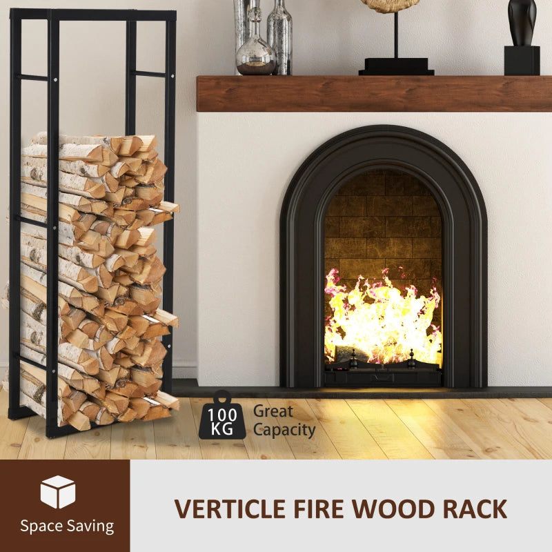 Tall Metal Firewood Log Holder Rack - Indoor Outdoor Fireplace Wood Storage Shelf, Rust-Resistant, Black, 40W x 25D x 150H cm