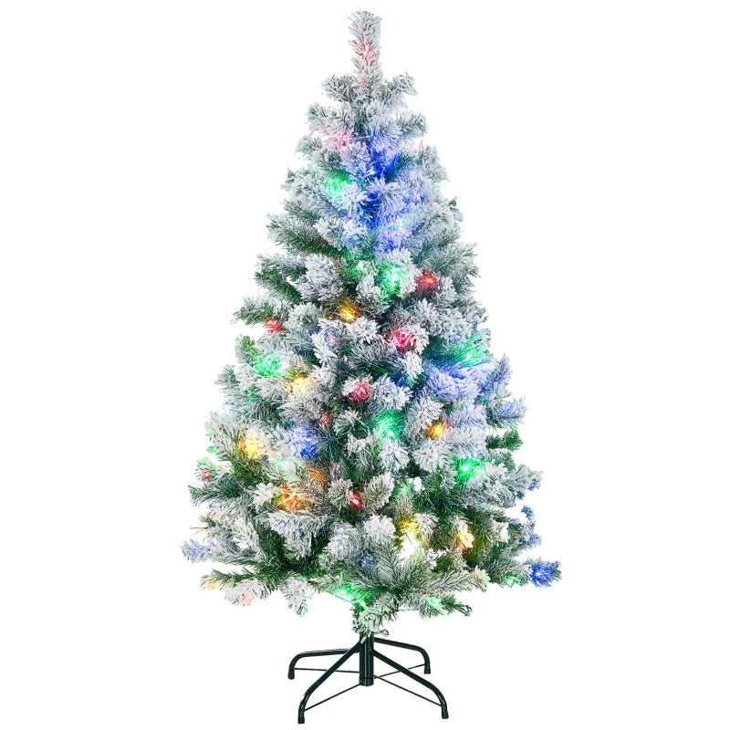 4.5' Artificial Snow Christmas Tree with Frosted Branches & LED Lights - Warm White or Colorful, Sturdy Steel Base
