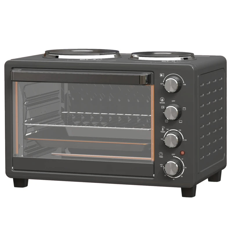 28L Electric Mini Oven with 2 Hot Plates - Countertop Toaster Oven for Baking, Grilling & Roasting - 2600W, Black