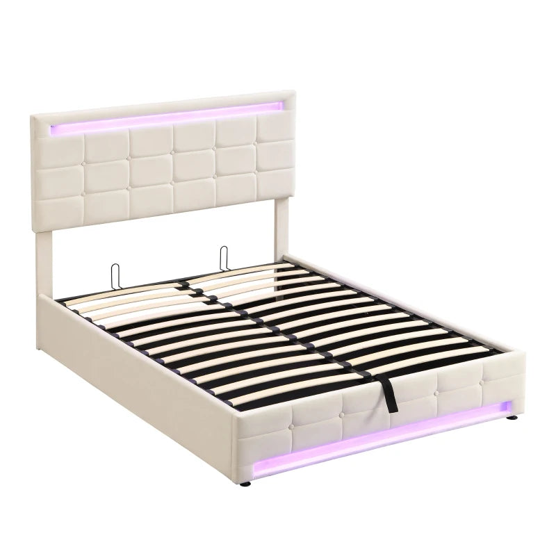 Elegant Velvet Upholstered Double Bed with Storage & LED Lights - Iron Frame, 199x150x123 cm, Beige - Modern Bedroom Furniture