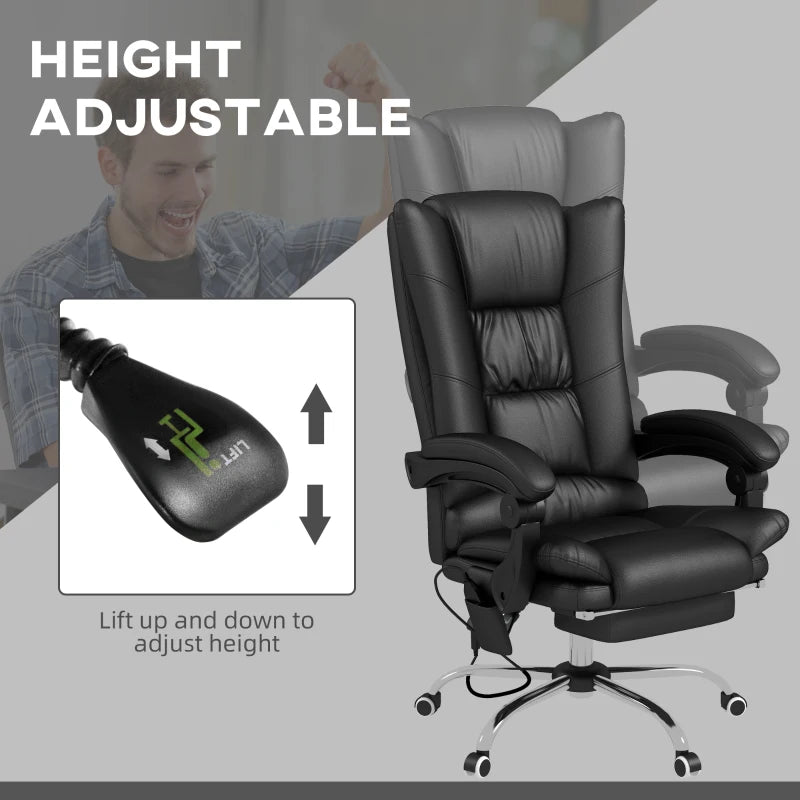 Vinsetto High Back Massage Office Chair with Heat, Reclining PU Leather Computer Chair, 135° Recline & Footrest - Black