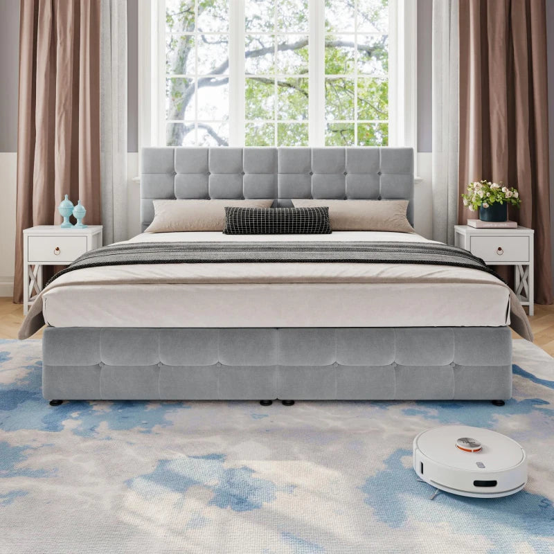 Velvet Upholstered Double Bed with Hydraulic Lift Storage Iron Frame Grey 197x181x105 cm