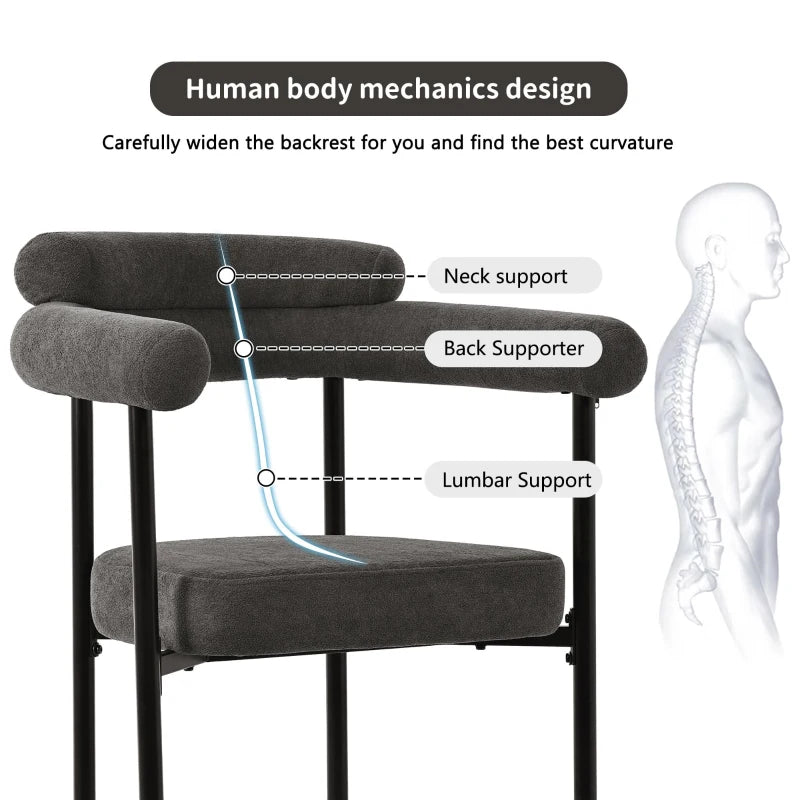 Set of 2 Modern Ergonomic Dining Chairs - High-Density Sponge, Sturdy Iron Frame, Faux Suede, Gray - 70L x 62W x 85H cm