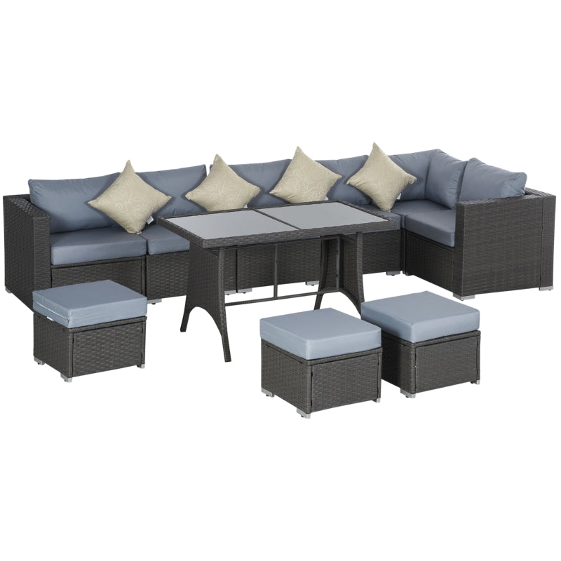 9-Seater Rattan Corner Sofa Set - 10 Pieces With Grey Frame and Dusty Blue Cushions