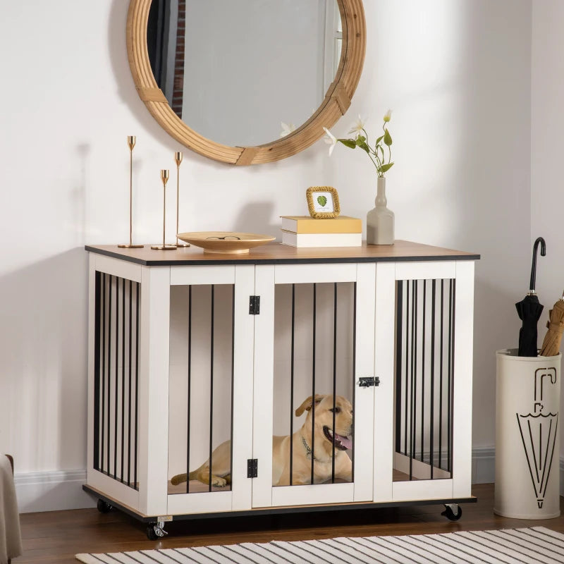 Stylish Dog Crate Furniture with Wheels - Large Dog Cage End Table, 106 x 60 x 82 cm, White Finish