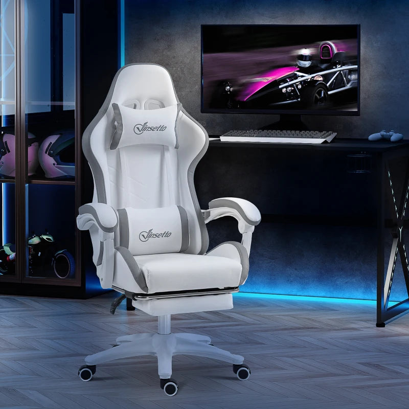Vinsetto Gaming Chair with Footrest - PU Leather Swivel Desk Chair, 135° Recline, Lumbar Support, White & Grey