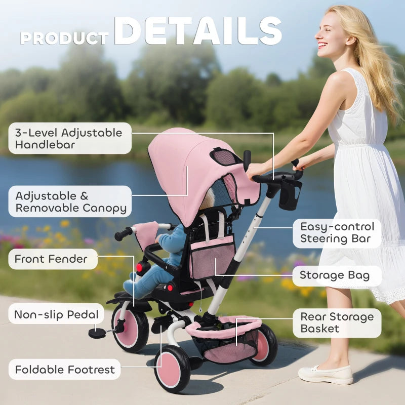 6 in 1 Foldable Kids Trike with Adjustable Parent Handle and Canopy for Ages 1-5 Pink