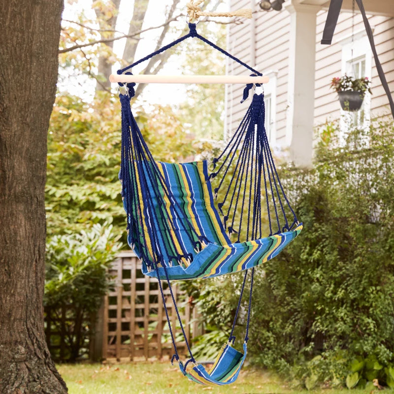 Blue Striped Outdoor Hanging Hammock Swing Chair with Footrest