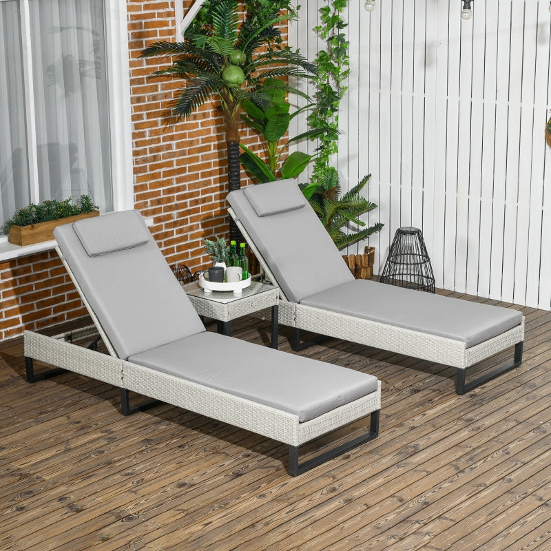 3-Piece Rattan Sun Lounger Set - Adjustable Recliner, Chaise Lounge Chair, Coffee Table - Light Grey