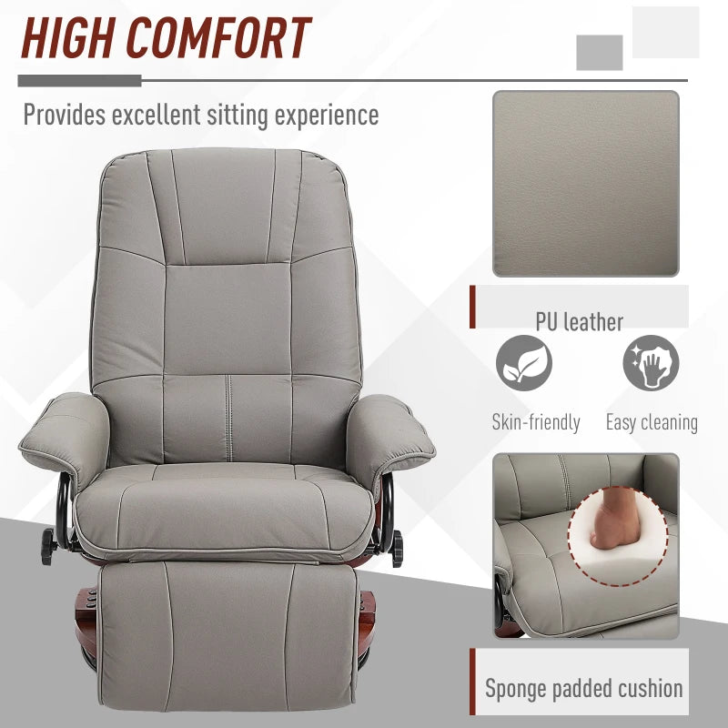 Grey Faux Leather Manual Recliner Armchair with Wooden Base for Living Room and Bedroom Comfort