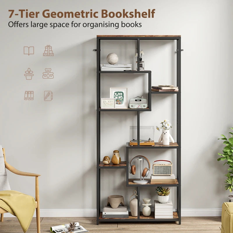 Unique Seven-Tier Geometric Bookcase in Brown and Black - Stylish Storage Solution for Home or Office