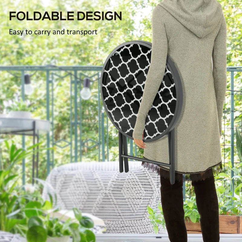 45cm Round Garden Side Table - Outdoor Folding Patio Table with Imitation Marble Glass Top - Black & White Coffee Table
