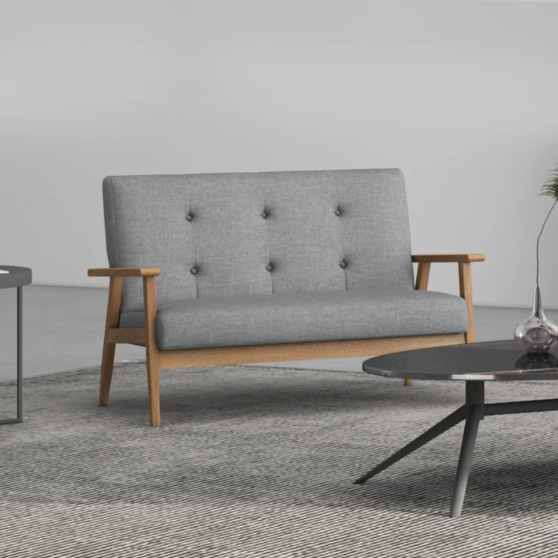Modern 2 Seater Sofa in Dark Grey Linen Fabric with Tufted Design and Rubberwood Legs for Living Room and Kitchen
