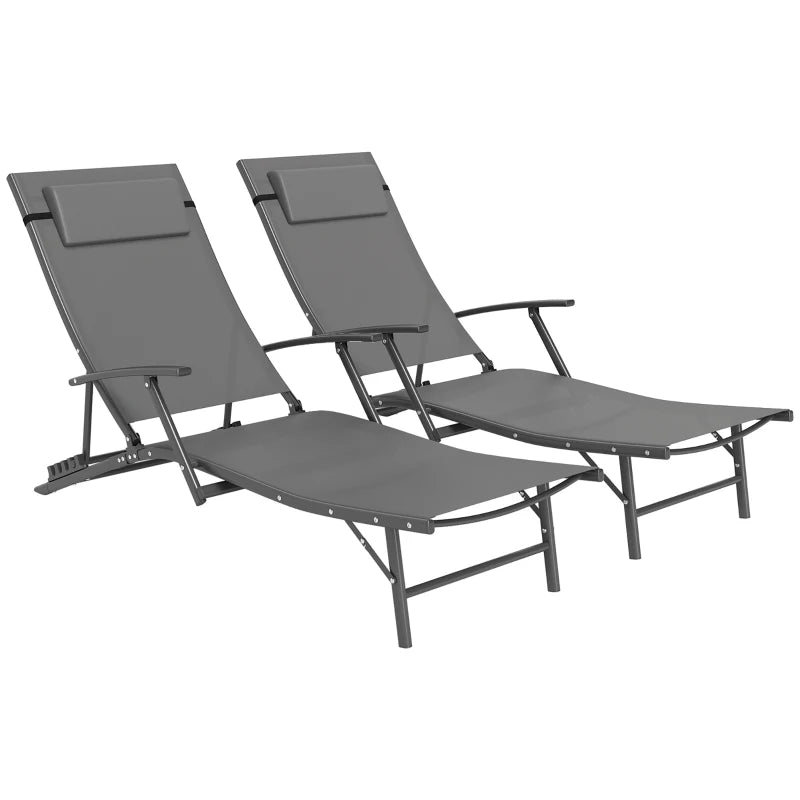 Set of 2 Grey Folding Sun Loungers - Adjustable 4 Position Outdoor Chaise Lounge Chairs with Armrests and Pillows - Steel Frame Sunbed Recliners for Garden, Patio, Beach and Poolside