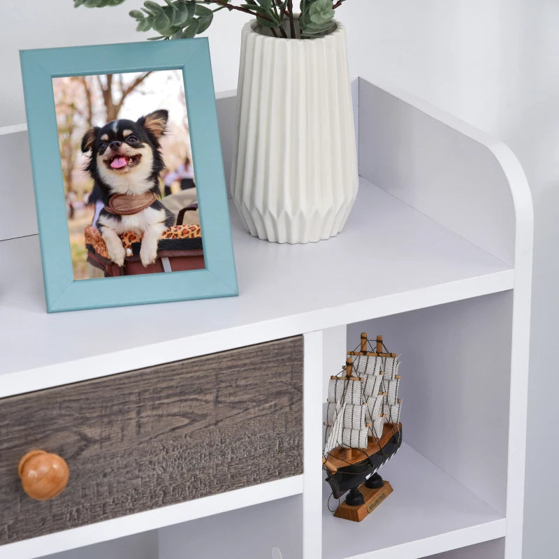 Freestanding Bookcase with Storage Drawer - 6 Shelves, Wood Legs, White & Grey - Home Office Display, 24D x 60W x 86.8H cm